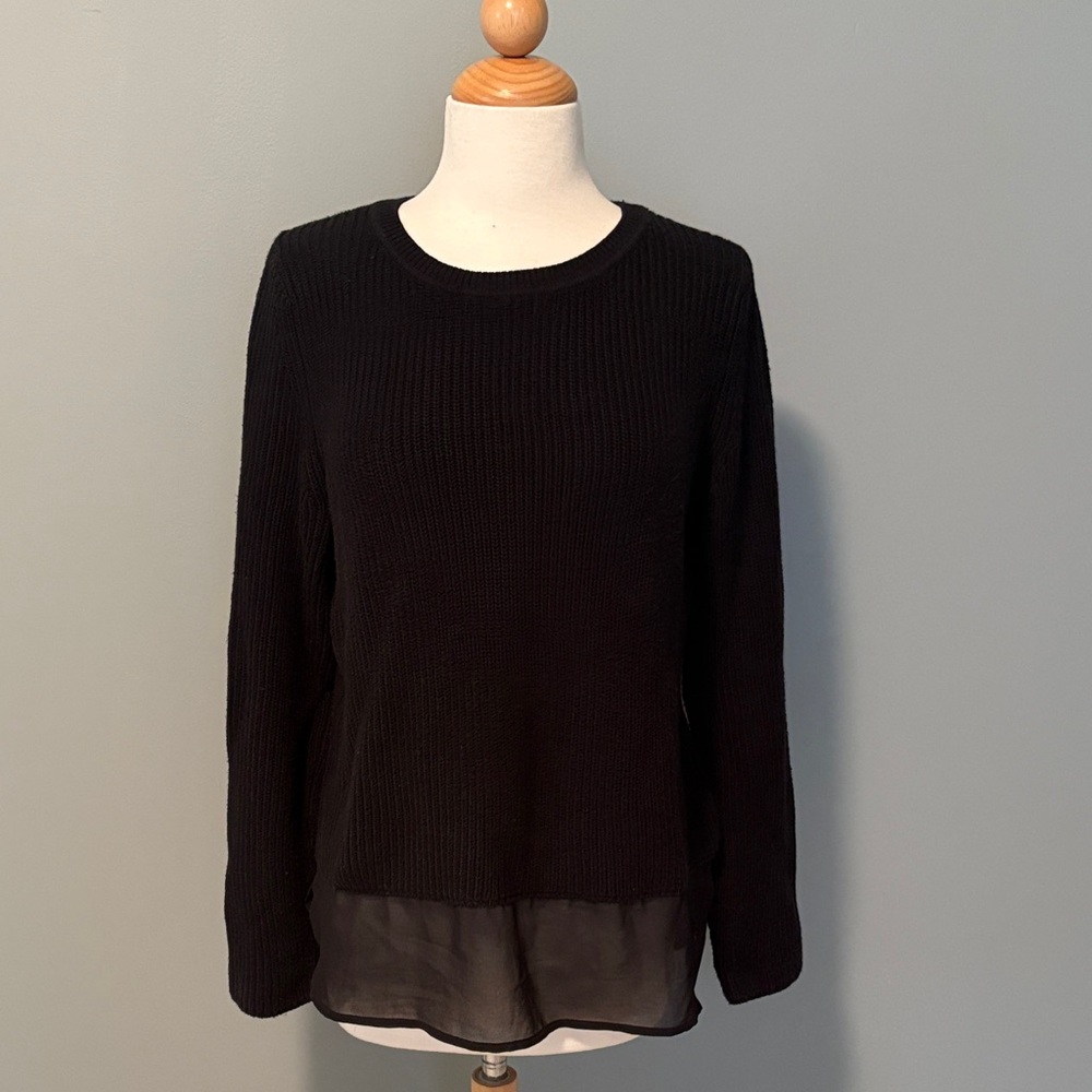 Chic Black Women's Knit Sweater with Organza Trim at Bottom
